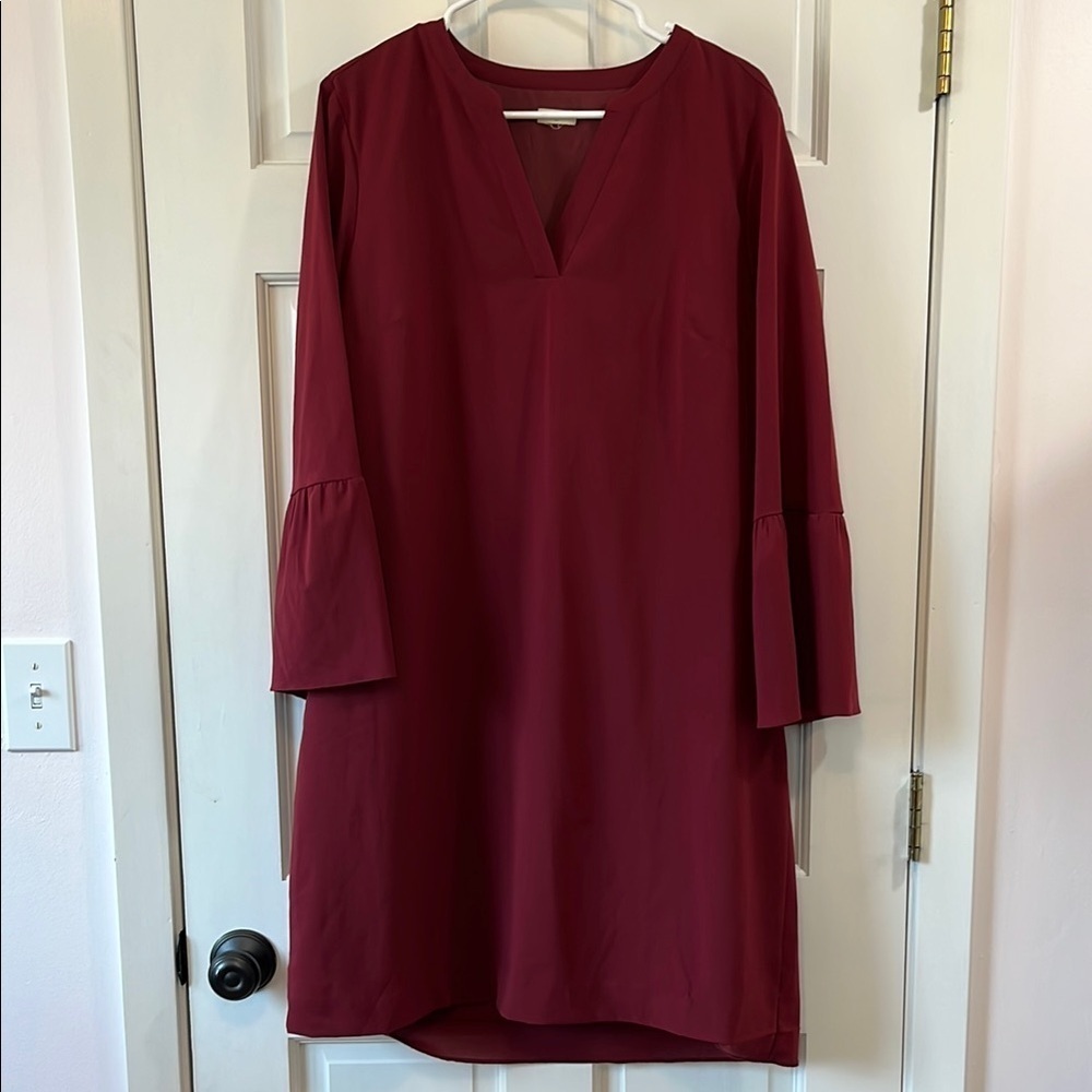 J. Crew Factory Burgundy V Neck Bell Long Sleeve Mini Dress - Size 14